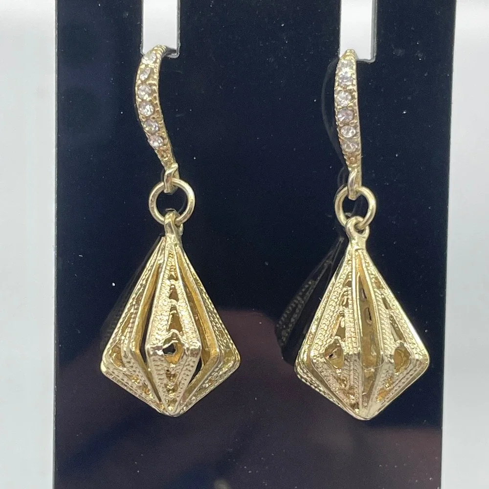 Gold Tone Geometric Cage Drop Earrings Crystal Accent‎ Shepherd Hook Dangle
